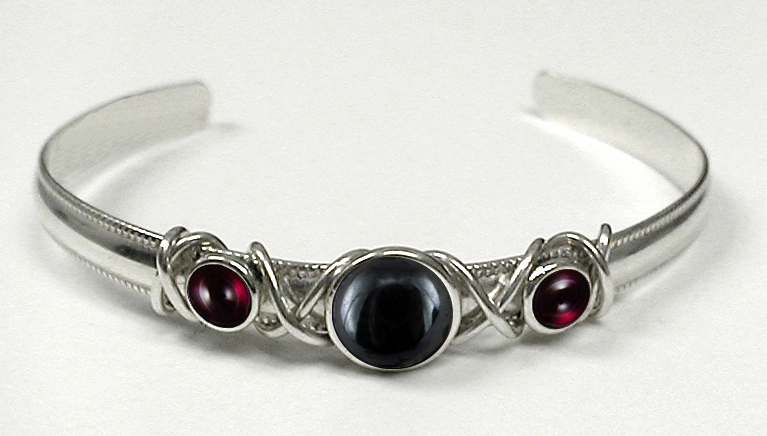 Sterling Silver Hand Made Cuff Bracelet With Hematite And Garnet